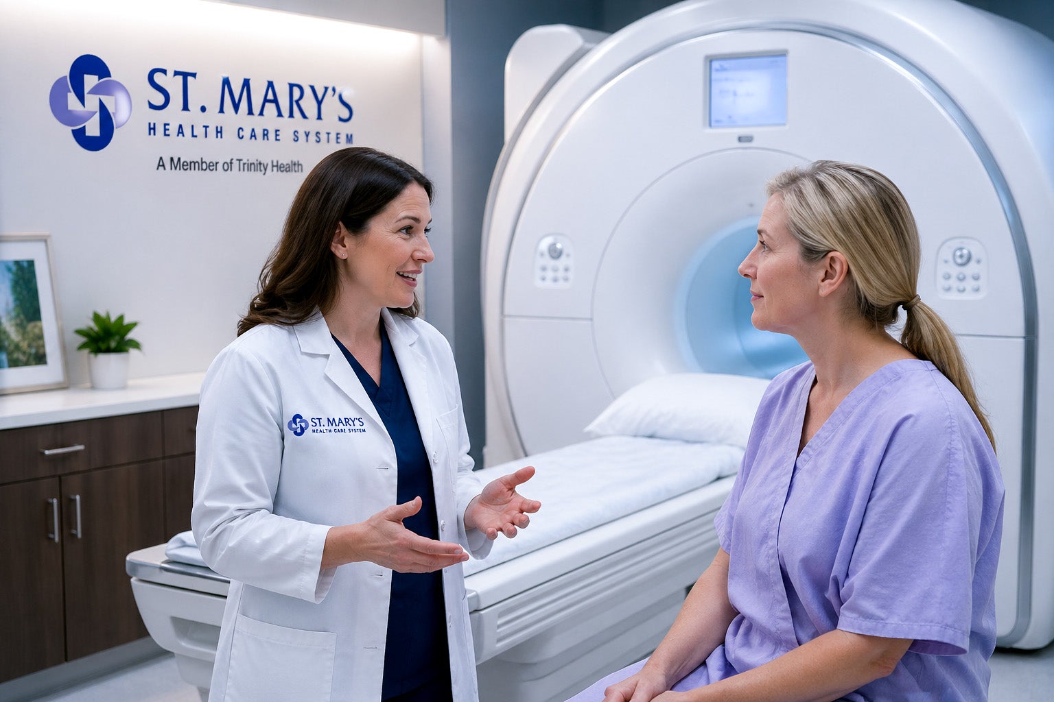 A physician standing in front of a mri machine talking to a patient about her breast MRI that is about to take place.