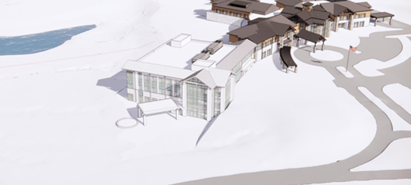 Rendering by May Architects shows the Good Samaritan Pavilion in light grey, with the existing St. Mary's Good Samaritan Hospital in full color behind it.