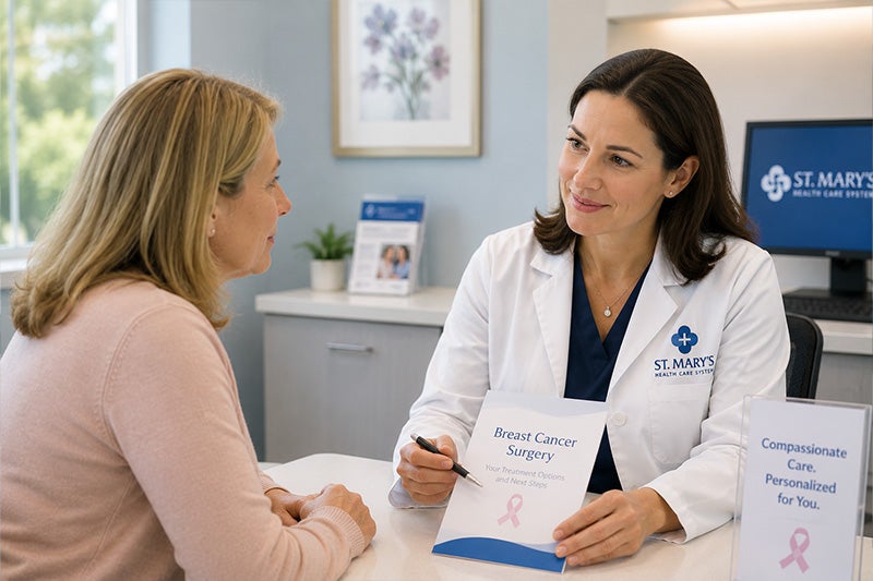 Physician and patient discussing breast cancer surgery.