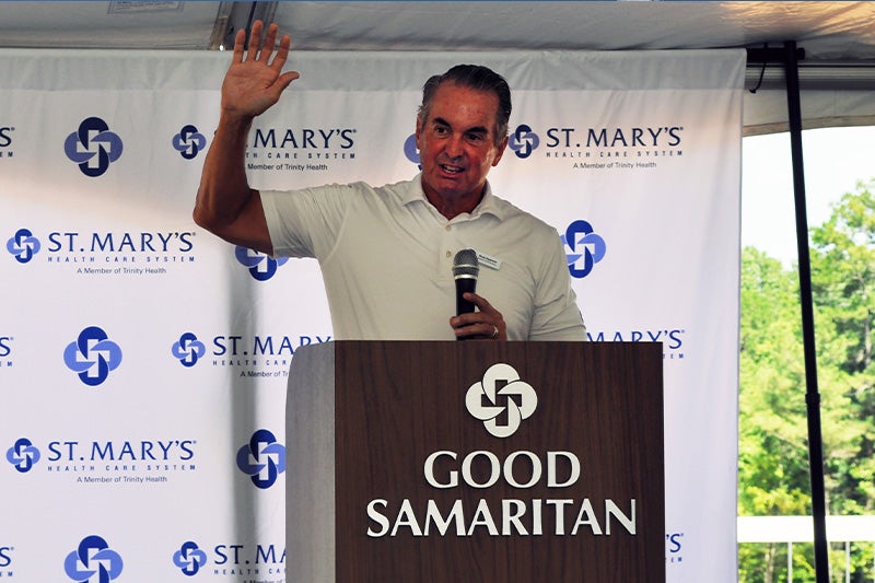 St. Mary's Good Samaritan Foundation Chair Russell Dawson asks everyone who has received care at the hospital to raise their hand.