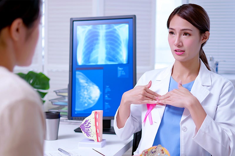 Physician explaining breast ultrasounds to a patient.