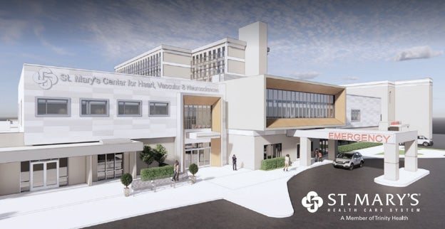 Exterior rendering of St. Mary's Center for Heart, Vascular and Neurosciences expansion plans.